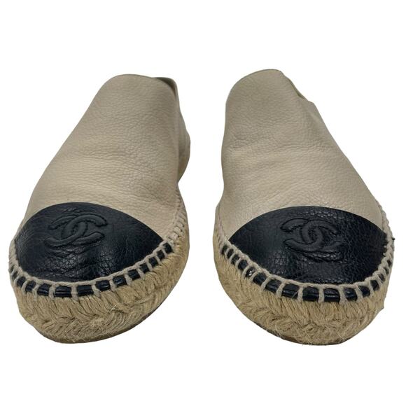 Chanel CC Logo Cap Toe Espadrille Flats Calfskin Leather Neutral Size 40 - Picture 3 of 10